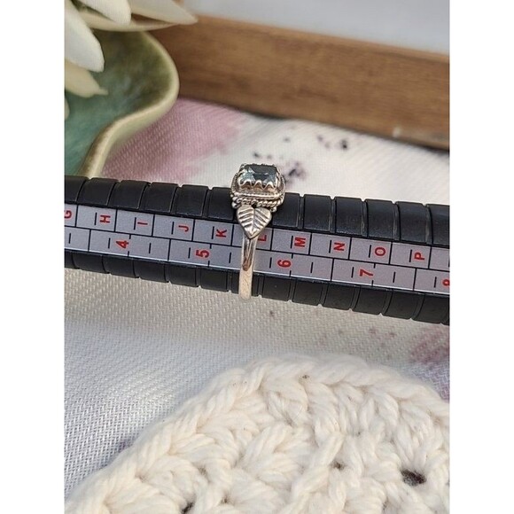 Sterling Silver Blue Topaz Ring 925 Size 5.5 Square Cut Vintage Leaf Band Gift - Picture 6 of 7